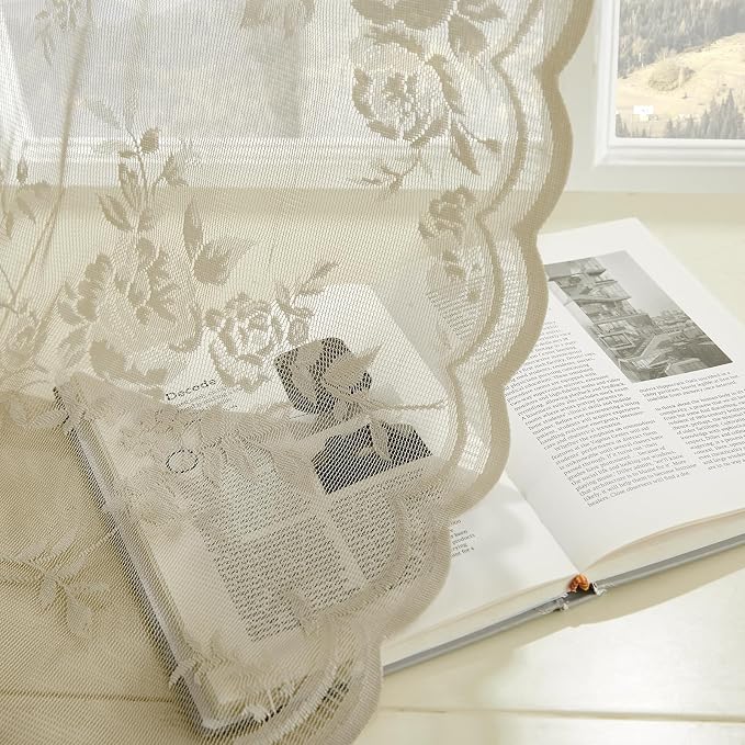Khaki Lace Curtains 72 Inch Length 2 Panels set Vintage Floral Sheer Curtains by SEEKRIGHTHomeDecor