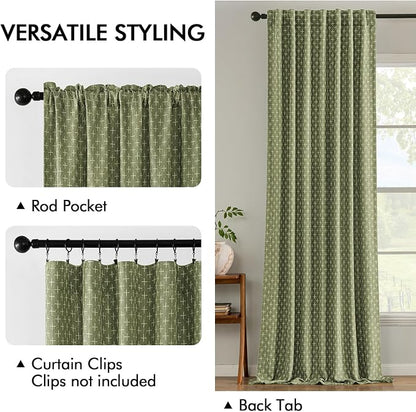 MIULEE Patterned Farmhouse Linen Curtains, Back Tab, Sage Green | Linen Curtains - Image 3