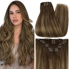Full Shine Clip in Extensions Brown Ombre Medium Brown Mix Honey Blonde Clip in Remy Hair Extensions for Party for Long Human Hair 24 Inch 7 Pcs 120 G