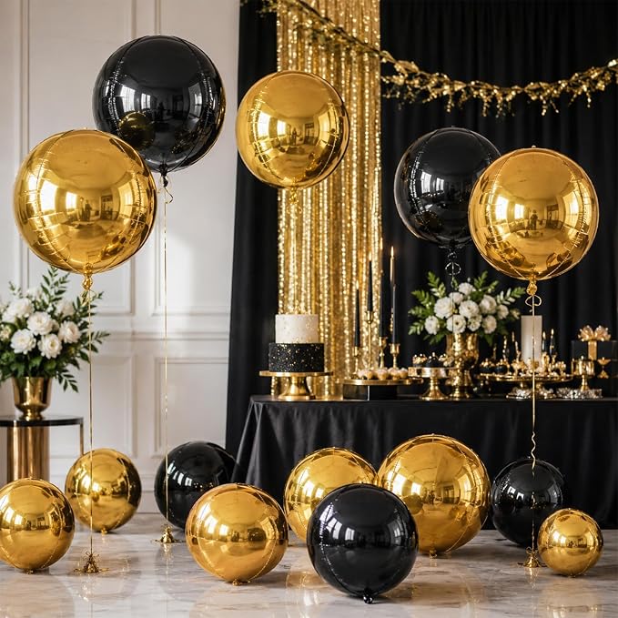 15 Pcs Black and Gold Round Foil Balloons, 22/15/10 Inch 4D Ball Balloons Black - Image 4
