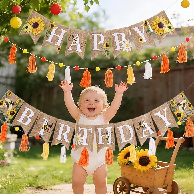 Burlap Sunflower Birthday Banners, Pre-strung Sunflower and Bee Themed Party - Image 7