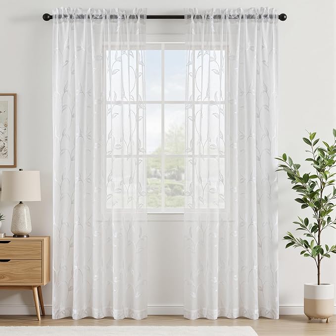 White Sheer Curtains Boho Leaf Floral Embroidered 54Wx102L | Light Filtering - Image 3