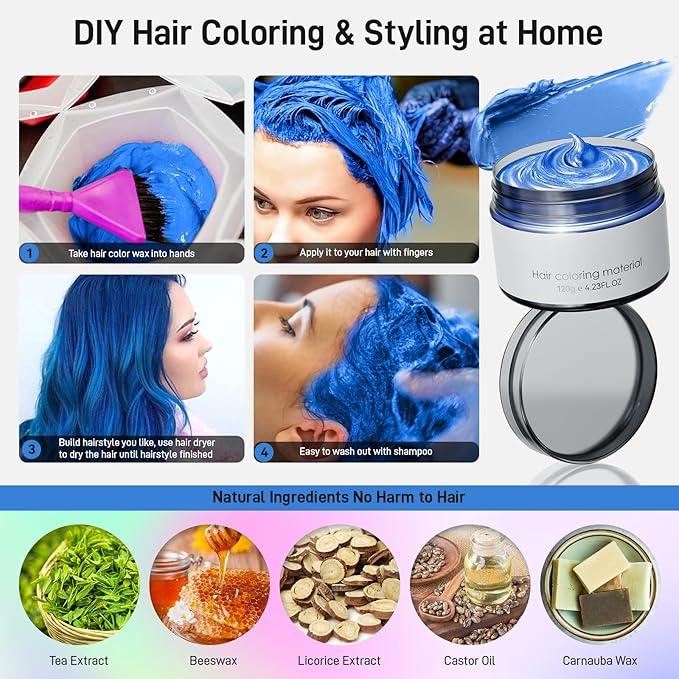 Blue Temporary Hair Dye,Temporary Hair Color Wax,Natural Washable Hair Dye Temp Hair Color for Women Men Kids Party Cosplay Halloween