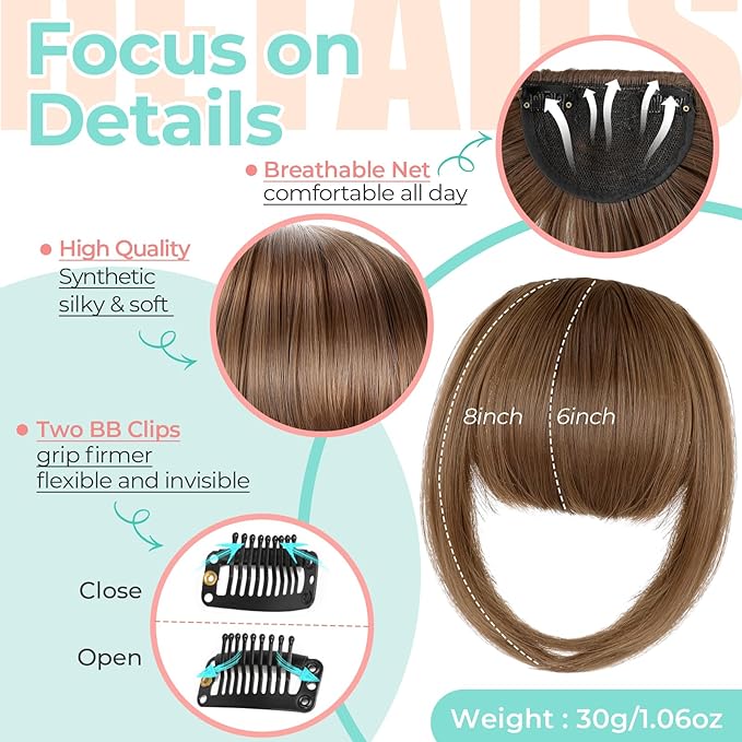 Clip in Bangs, Synthetic French Bangs Hair Clip, Fake Bangs Fringe with Temples Hairpieces for Women Natural Curved Hair Extensions for Daily Wear Light Chestnut Brown