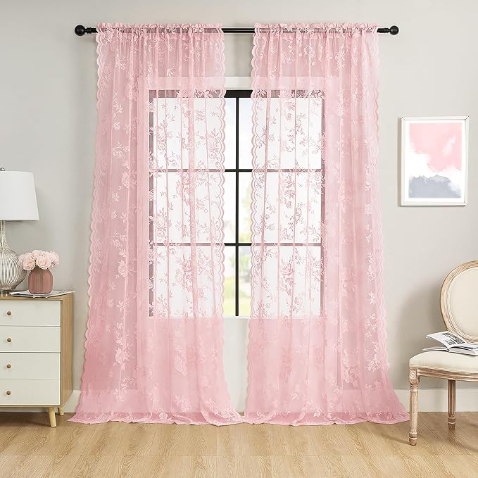 Baby Pink Lace Curtains 45 Inch Length 2 Panels set Romantic Flower Sheer - Image 2