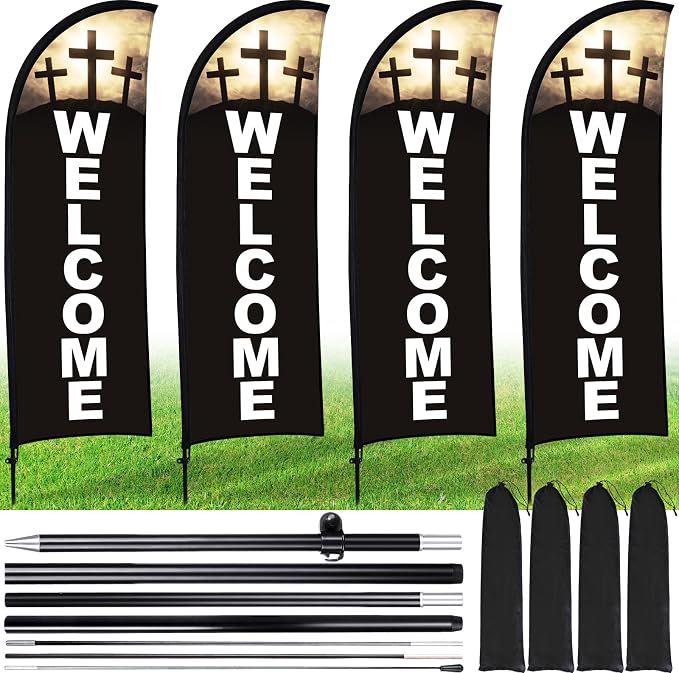 Buryeah 4 Sets Welcome Feather Flag Sign Kit Welcome Banners Swooper Flag by Buryeah