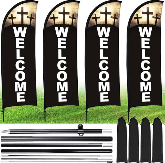 Buryeah 4 Sets Welcome Feather Flag Sign Kit Welcome Banners Swooper Flag by Buryeah
