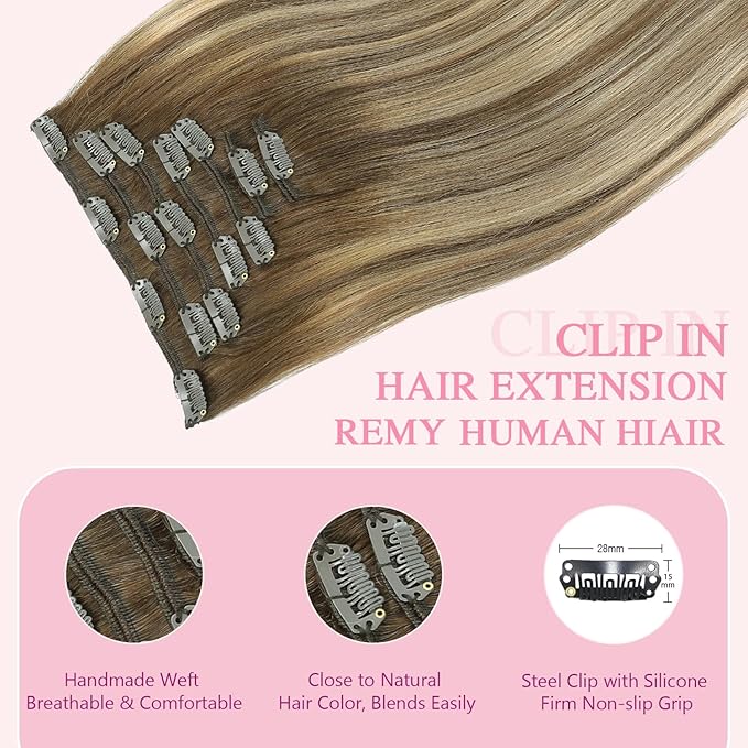 PINKPEARL Clip in Hair Extensions Human Hair, Remy Human Hair Clip ins for Women #4/27/4 Chocolate Brown to Caramel Blonde Balayage Clip Hair Extensions 7pcs 120g 14inch(#4/27/4-14)