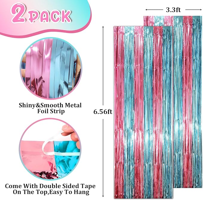Voircoloria Blue Pink Foil Fringe Backdrop Curtains, 2 Pack | Tinsel Streamers - Image 2