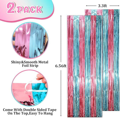 Voircoloria Blue Pink Foil Fringe Backdrop Curtains, 2 Pack | Tinsel Streamers - Image 2