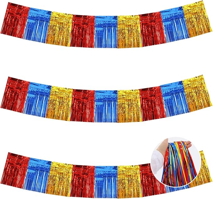 BEISHIDA Red Blue Gold Fringe Garland Banner 30ft Wall Tinsel Foil Streamer | by Beishida