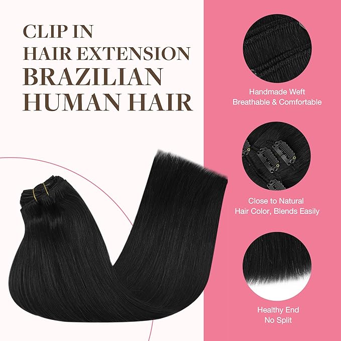 GOO GOO Clip in Hair Extensions Real Human Hair, Remy Human Hair Extensions Clip ins for Women, Natural Human Hair, 22inch 150g 9Pcs, 1 Jet black