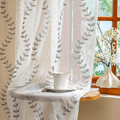 2 Panels Linen Leaf String Floral Embroidered Semi Sheer Curtain Farmhouse by AmHootextile