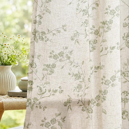jinchan Green Floral Linen Curtains 84 Inch Flower Drapes Back Tab 2 Panels | by JINCHAN