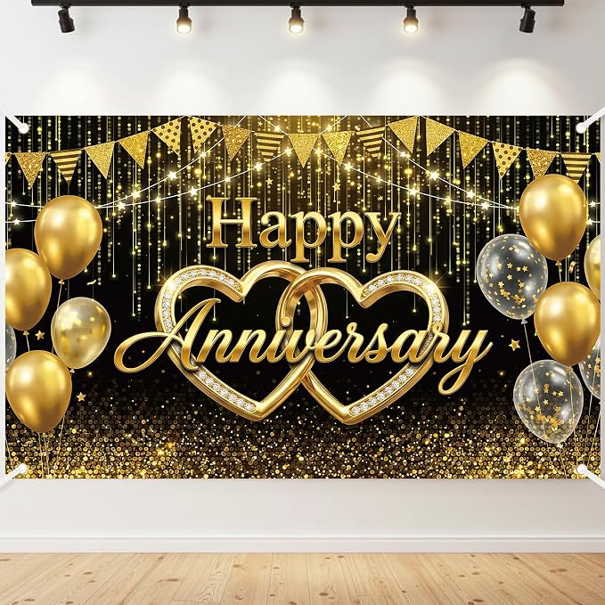 Happy Anniversary Black Gold Backdrop by NIUBEHOHO