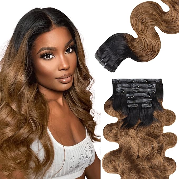 Lashey Seamless Clip in Hair Extensions Human Hair Ombre Natural Black to Medium Auburn 110g 7pcs 22 Inch Clip in Hair Extensions for Women Body Wave Remy Human Hair Extensions