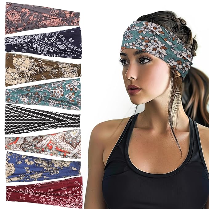 obeoby Headbands for Women, 8 Pack Boho Style Headbands Non Slip Fashion Wide Hairband Hair Wrap Hippie Clothes for Women