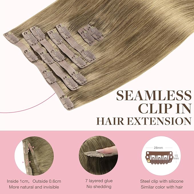 GOO GOO Clip in Hair Extensions Real Human Hair, Remy Human Hair Extensions Clip ins for Women, Natural Human Hair, 16inch 110g 7Pcs, 7 Bronde