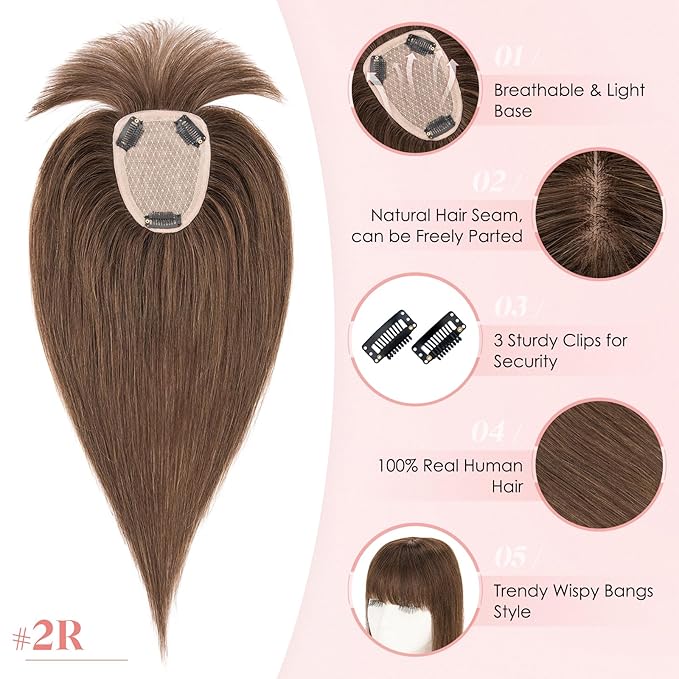 Hairro Human Hair Toppers with Wispy Bangs, 3.5x4.7" Hand-wovened Base for Women with Thinning Hair, Lightweight & Breathable Realistic Scalp, Clip-in Hairpieces for Easy Wear, 10 Inch Dark Brown