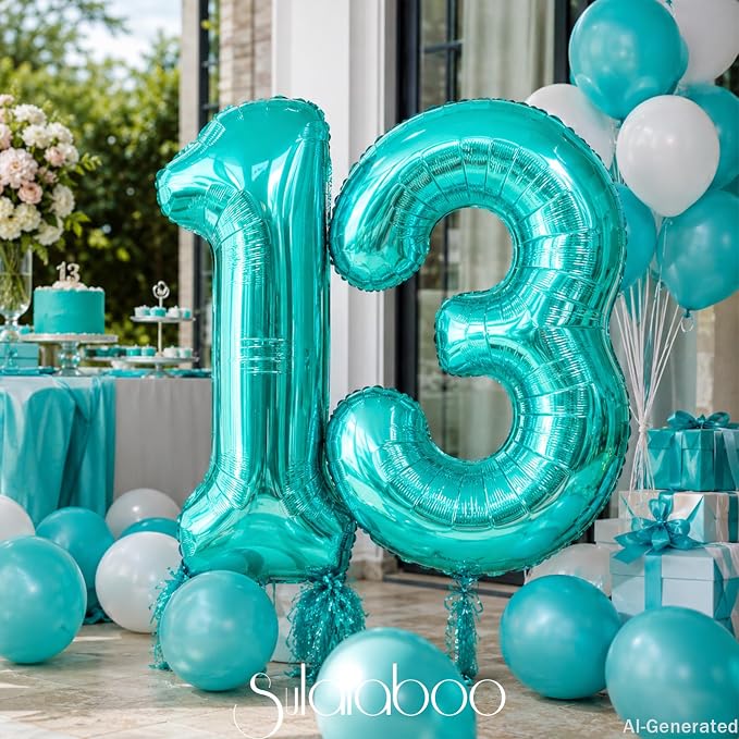40 Inch Big Teal Blue Number 13 Foil 0-9 Mylar Helium Balloons | Large Digital - Image 3