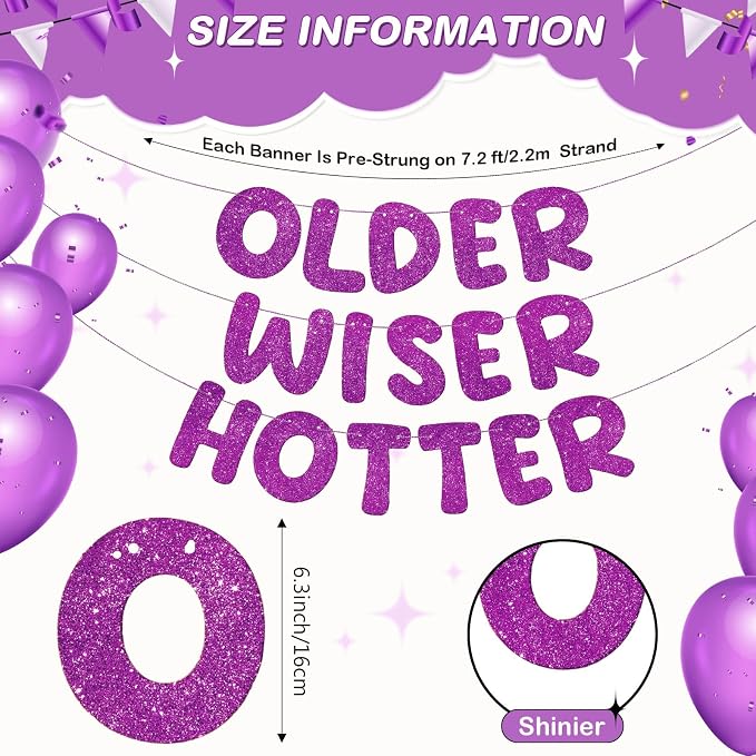 Fulmoon Set of 3 Pre Strung Older Wiser Hotter Glitter Banner Funny Birthday - Image 3