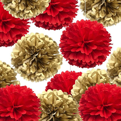 14" Red and Gold Tissue Pom Poms Kit DIY Decorative Paper Flowers Ball by Adeer