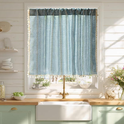 Sutuo Home Blue Boho Curtain 52W x 36L inch White Striped Light Filtering Short by SutuoHome