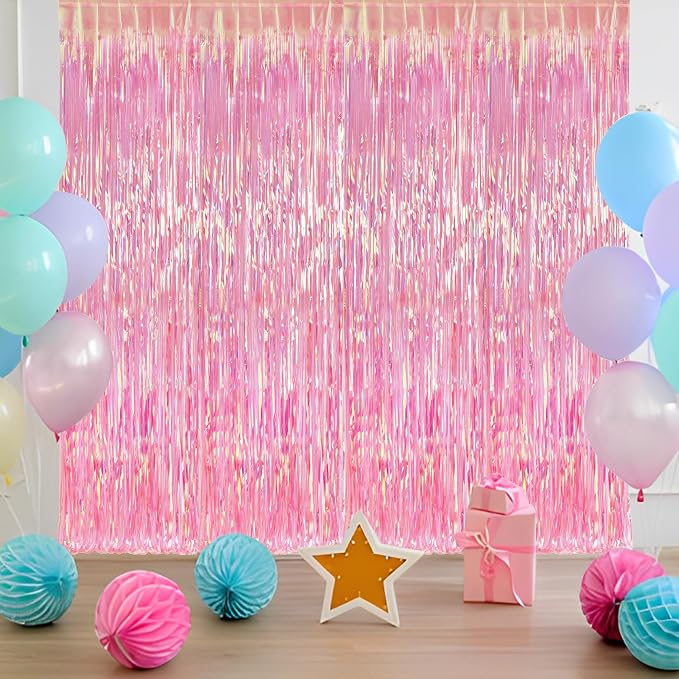 BRAVESHINE Clear Pink Streamers Party Curtain | Iridescent Fringe Backdrop | - Image 7