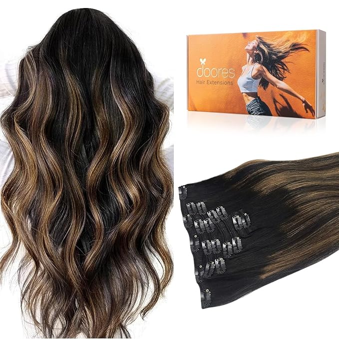 DOORES Hair Extensions Clip in Balayage Natural Black to Chestnut Brown Remy Human Hair Clip in Extensions Natural Hair Extensions Straight 20 Inch 7pcs 120g