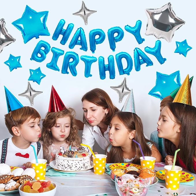 CANREVEL Happy Birthday Banner Decoration + 12Pcs Star Balloons, Light Blue | - Image 3