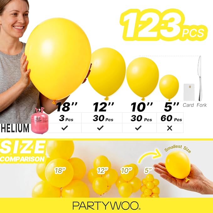 PartyWoo Yellow Balloons 123pcs Matte Yellow Color 18 12 10 5 Inch | 18 12 10 5 - Image 6