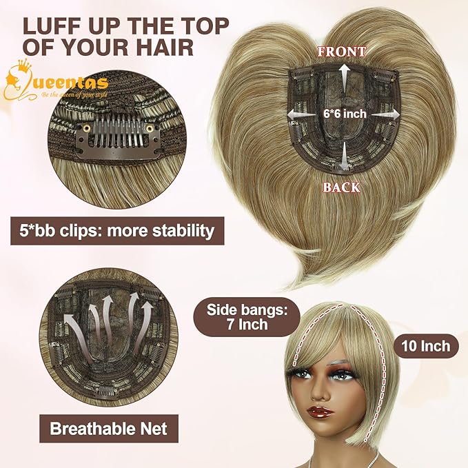 QUEENTAS Blonde Hair Topper for Women with Thinning Hair Pieces 6"*6"Large Coverage 360°3D Cover Silver Synthetic Short Bob with 5 Clips in Wiglets(Blonde Mixed Brown)