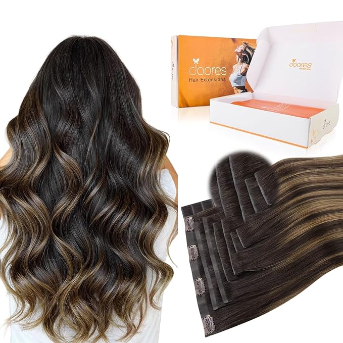 DOORES Clip in Hair Extensions Set 20 Inch 120g, 4pcs Invisi Edge Clip ins and 3pcs Classic Seamless Clip ins, Injected Virgin Real Human Hair Extensions Natural Invisible Straight, #1B