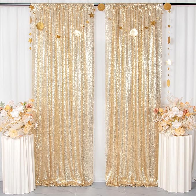 ShinyBeauty Light Gold Backdrop Sequin Curtains 4FTx7FT 2 Pieces Photograph - Image 2
