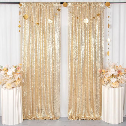 ShinyBeauty Light Gold Backdrop Sequin Curtains 4FTx7FT 2 Pieces Photograph - Image 2