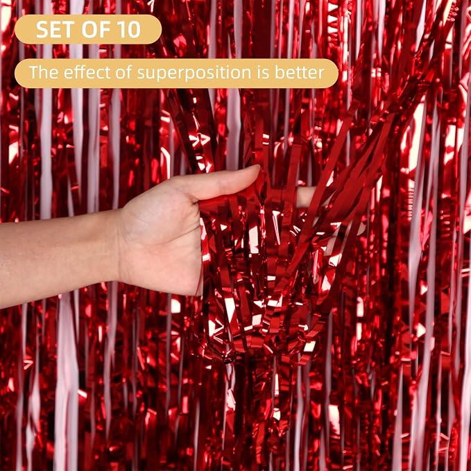 10 Pack Red Backdrop Curtain 3.2ft x 8.2ft Metallic Tinsel Foil Fringe Curtains - Image 2