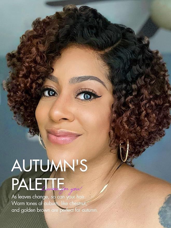 LUVME HAIR 8 Inch Kinky Curly Ombre Brown Bob Wig Human Hair Pre Cut Glueless HD Lace Closure Wig, Natural Black with Brown Side Parted Short Curly Wigs For Women