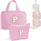 YOOLIFE Hanging Toiletry Bag for Women - Travel Toiletry Bag Makeup Bag, Portable Toiletries Cosmetic Bag, Airplane Travel Essentials - Letter P, Pink