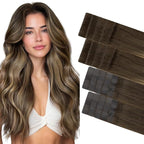 GOO GOO Invisi Edge Tape in Hair Extensions Human Hair, 4/27/4 Balayage Chocolate Brown to Caramel Blonde 10pcs injected with 10pcs classical tape ins, 22inch 50g, Virgin Remy Hair, Natural Look