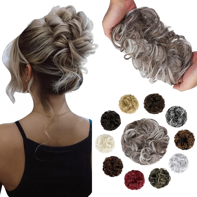 Messy Bun Hair Piece Wavy Curly Scrunchies Fluffy Donut Thick Updo Elegant Chignon Hairpieces for Women Girls, Ash Blonde Mix Light Gray 1.4oz