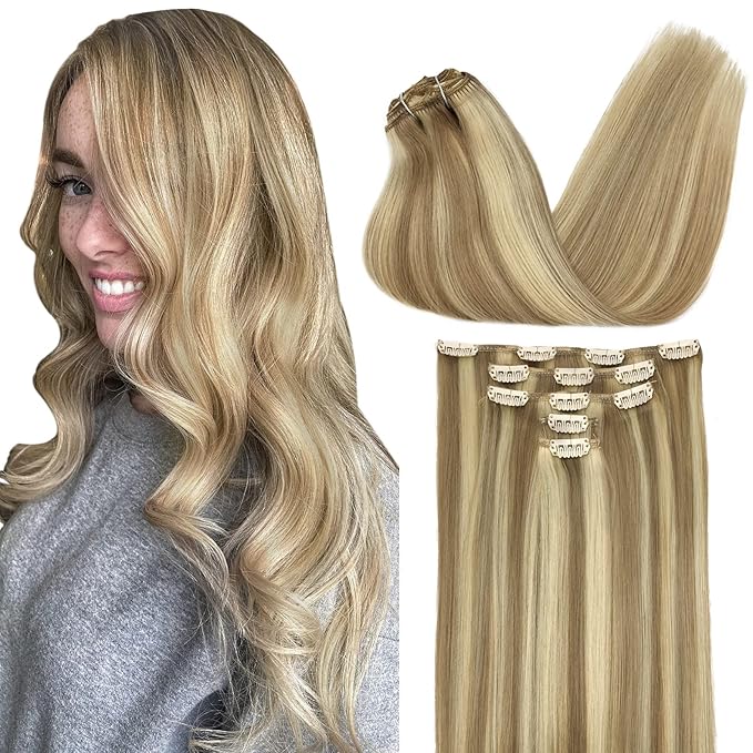 DOORES Human Hair Extensions Clip in, 5pcs 75g Balayage Light Blonde Highlighted Golden Blonde 16 Inch Clip in Hair Extensions Natural Hair Extensions Straight