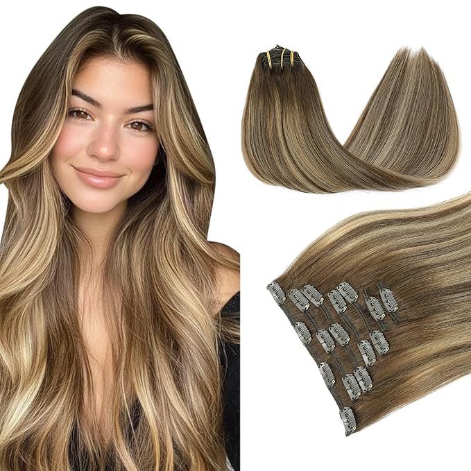 PINKPEARL Clip in Hair Extensions Human Hair, Remy Human Hair Clip ins for Women #4/27/4 Chocolate Brown to Caramel Blonde Balayage Clip Hair Extensions 7pcs 120g 14inch(#4/27/4-14)