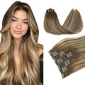PINKPEARL Clip in Hair Extensions Human Hair, Remy Human Hair Clip ins for Women #4/27/4 Chocolate Brown to Caramel Blonde Balayage Clip Hair Extensions 7pcs 120g 18inch(#4/27/4-18)