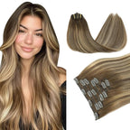 PINKPEARL Clip in Hair Extensions Human Hair, Remy Human Hair Clip ins for Women #4/27/4 Chocolate Brown to Caramel Blonde Balayage Clip Hair Extensions 7pcs 120g 18inch(#4/27/4-18)