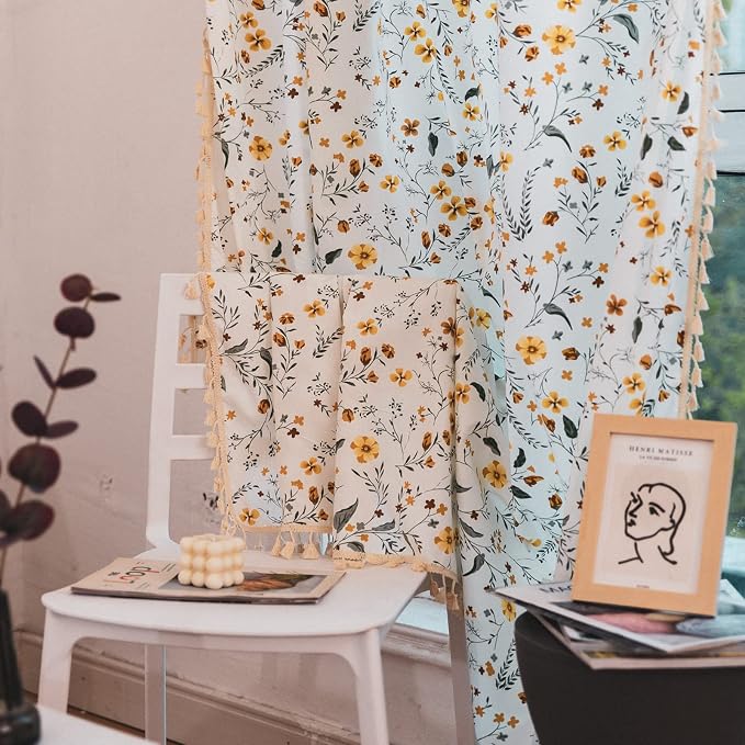 Sutuo Home Boho Curtain Semi-Blackout Yellow Florals Print Cotton Linen Fabric - Image 6