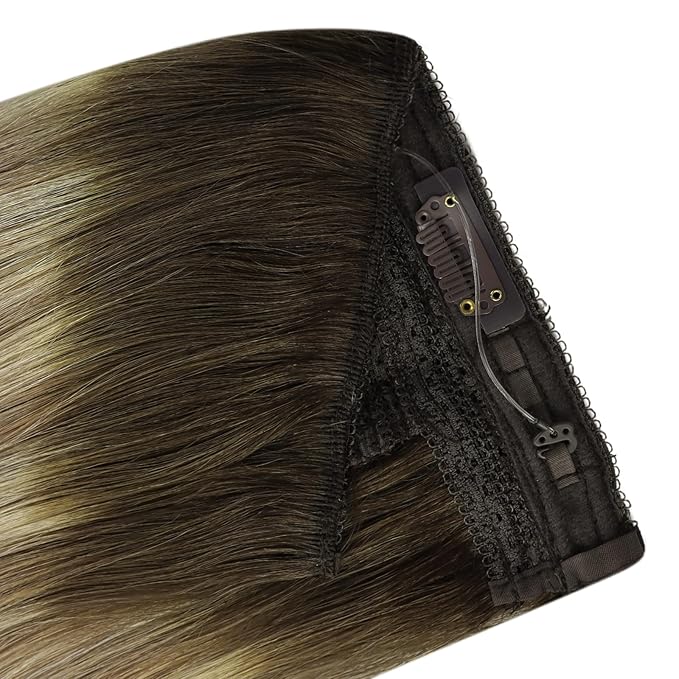 YoungSee 120G Invisible Wire Hair Extensions Ombre Wire Human Hair Extensions Walnut Brown Balayage Light Brown with Blonde Human Hair Fish Line Extension Easy to Wear 18inch