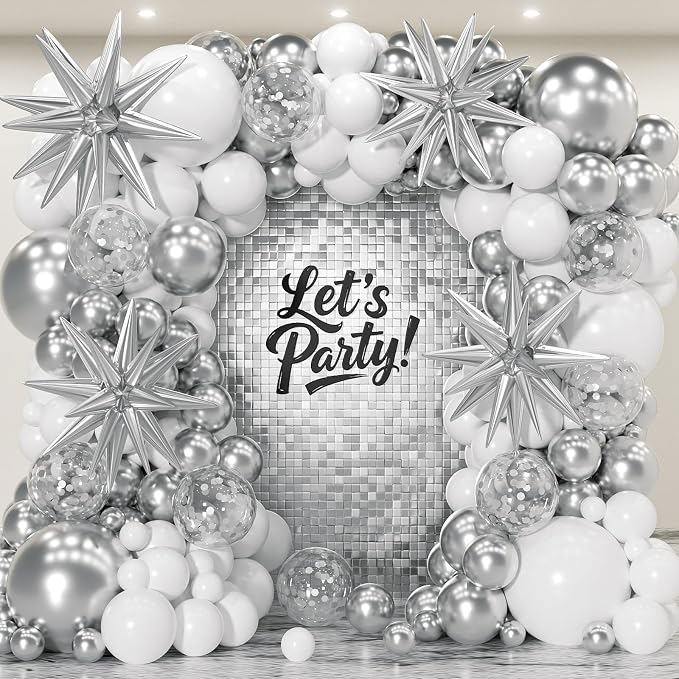 153Pcs White and Silver Balloons Garland Arch Kit by PTGOLUO
