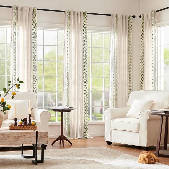 jinchan Floral Linen Curtains Embroidered Back Tab 50x96in 2 Panels Green | - Image 5
