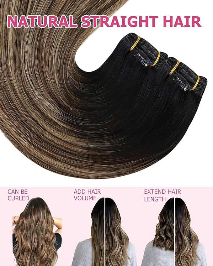 YoungSee Balayage Clip in Hair Extensions Black Ombre Clip ins Extensions Natural Black to Blonde with Brown Balayage Clip in Hair Extensions Real Human Hair Natural Hair for Women 22Inch 120G 7Pcs