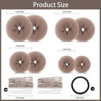 FANDAMEI Hair Bun Maker Set- 8 PCS Hair Donuts for Buns (2 Extra-large,2 Large,2 Medium and 2 Small), 40 PCS Bobby Pins, 5 PCS Hair Elastic Ties Black,Bun Maker - Tan Brown